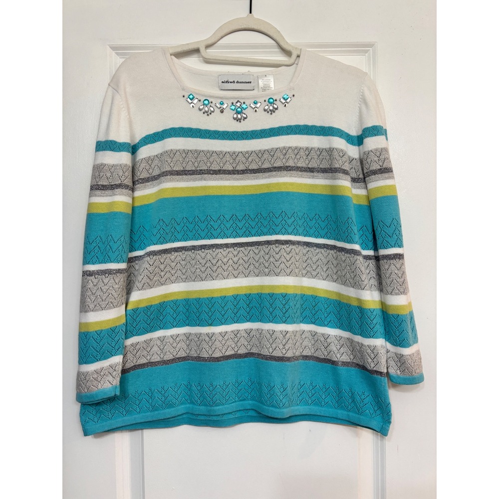 Alfred Dunner Women S Sweater Turquoise Striped Embellished Knit 3/4 Sleeve